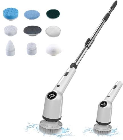 TARSHYRY 9 in 1 Elektrische Reinigungsbürste mit 8 Wechselbürsten,Elektrisch Fugenbürste für Bad/Küche/Fliesen,IPX4,Kabellos,3 Geschwindigkeiten,Verstellbarer Verlängerungsarm(Black)