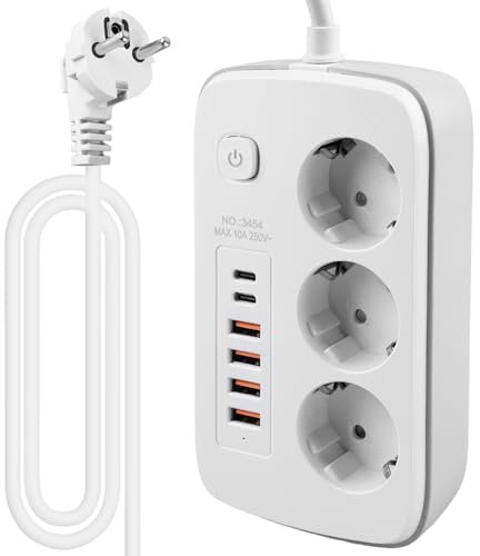 GOMETY 3 Fach Flachstecker Steckdosenleiste, USB Steckdosenleiste mit Überspannungsschutz mit 3 AC Flacher Stecker, 4 USB Ladegerät und 2 Typ-C Anschlüsse Steckerleiste mit 2M Kabel