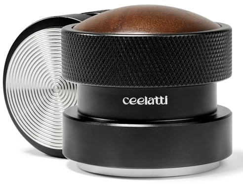 ceelatti 54mm Tamper Palm, Spring Loaded Coffee Tamper for 54mm Portafilter, Self Leveling Espresso Tamper for Breville Sage Barista Express Pro, Walnut Handle, Stainless Steel Ripple Base, Black
