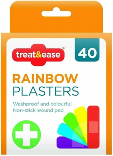 Treat&Ease Rainbow Plasters (40 Pack) - Washproof & Colourful | Non-Stick Wound Pad for Gentle Protection | 19x72mm Vibrant Plasters for Cuts & Scrapes | Fun, Flexible & Skin-Friendly First Aid Strips