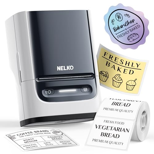 Nelko Etikettendrucker Bluetooth PM220 mit Etiketten, Breite wasserfeste Etiketten, Vielseitige App mit 90 Schriftarten und über 1000 Icons, Etikettiergerät für Einzelhandel, Büro, Organisation(Weiß)