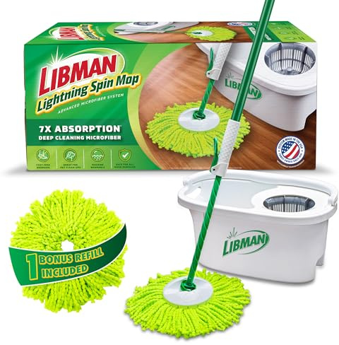 Libman Lightning Spin Mop System Plus 1 Refill Head | Mop and Bucket with Wringer Set | Floor Mop | Spin Mop | Libman Mop | Mops for Floor Cleaning | Hardwood Floor Mop | 2 Total Mop Heads Included | Spin mop and bucket with wringer set; includes bucket, wringer, and 2 total mop heads.