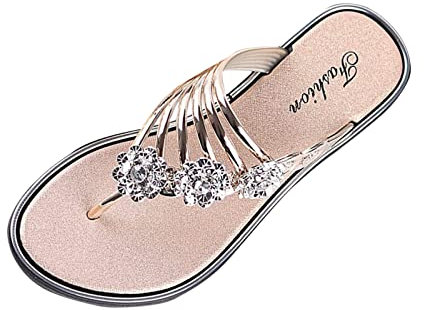 Women's Ladies Diamante Sandals Glitter Sliders Mules Summer Thong Sandal Flat Sandals for Women Sparkly Shoes Flip-Flop (ZZ-Rose Gold, Adult, Women, 5.5, Numeric, UK Footwear Size System, Medium)