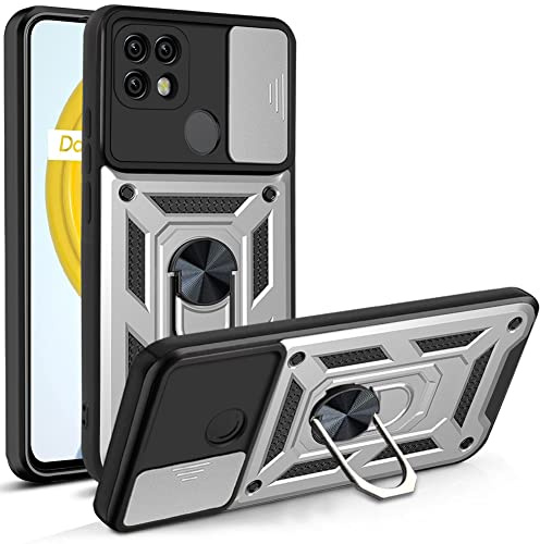 JayModCase Funda para OPPO Realme C21/C20/C11 2021 Carcasa con Protección Militar Antigolpes, Cubierta de Cámara Deslizante y Soporte de Anillo Giratorio 360° Case for Realme C20 - Plateado