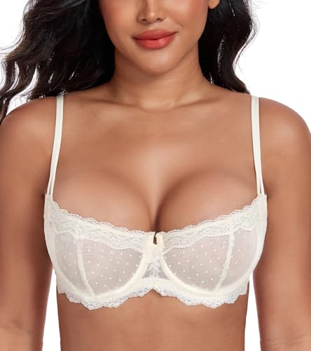 Lemorosy Soutien-Gorge Femme Dentelle Balconnet Armature | Sexy demi-bonnet résille semi-transparente, sans rembourrage, bretelles réglables, tissu léger sans épaisseur