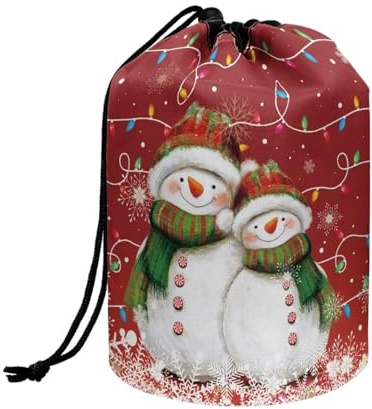 Wnbucioht Christmas Drawstring Cosmetic Bags Dragonfly Barrel Makeup Bag,Women Girls Foldable Toiletries Cases Organizer Cute Snowman Toiletry Bucket Bags Round Organizer