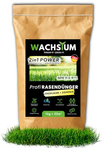 Rasendünger Frühjahr Sommer, 1kg für 35 m² organisch-mineralisch mit Eisen, verdrängt Moos, Langzeit Granulat, sattgrünen Rasen, NPK 9-3-9+FE, Streuwagen geeignet, Turbo Wachstum, tierfreundlich