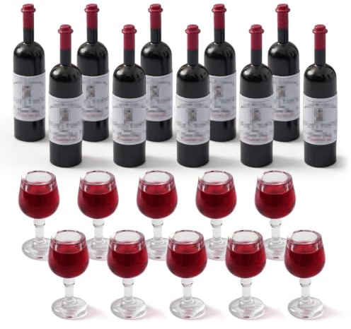 CHAMBERY Botellas de vino tinto en miniatura para casa de muñecas, 10 unidades y copas de vino 10 piezas para decoración de tartas