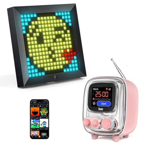 Divoom Pixoo & Tiivoo-2 Bundle, 16x16 Pixel Art Display und tragbarer Bluetooth-Lautsprecher mit FM-Radio, süßes Retro Desk Set mit Uhr, Pixel Deko und Sound für Schreibtisch, Büro, Schlafzimmer und G