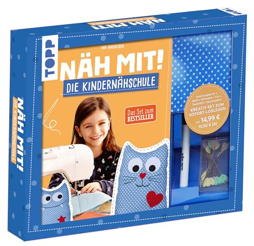 Kreativ-Set: Näh mit! Die Kindernähschule: Buch (48 S., DIN A5, Softcover), Vorlagen, Urkunde Nähmaschinenführerschein, Stoff für ein Modell, Filz, Stecknadeln, Textilstift (Kreativ-Sets)