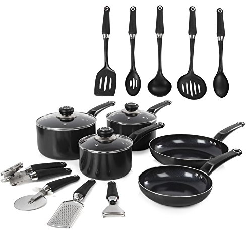 Morphy Richards 970040 Equip 14 Piece Cookware Set, 16 cm/18 cm/20 cm Saucepans & 20 cm/26 cm Frying Pans & 9 Utensils, Aluminium, Black