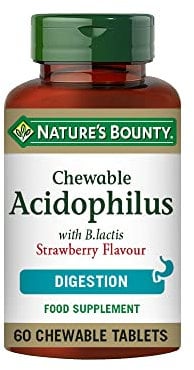 Nature's Bounty Chewable Acidophilus with B. lactis Strawberry Flavour Tablets - Pack of 60 Chewable Tablets - 1 Billion Active Cultures per Tablet - Suitable for vegetarians and vegans