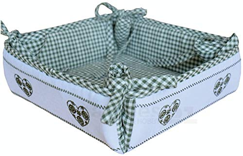 Brotkorb Stoff Landhaus 35x35 cm - Eckiger Brötchenkorb in grün kariert mit Herzmotiv - Nachhaltige Brotaufbewahrung, plastikfrei, ideal für Brot, Obst oder als Tischdeko im Vintage-Landhausstil