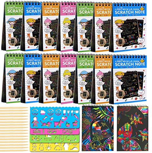 POKONBOY 16 Pack Scratch Arts and Crafts Notebooks, Scratch Note Pads for Kids Rainbow Party Favors Coloring Books for Kids Art Party Supplies Stocking Stuffers（16 Wooden Stylus & 4 Drawing Stencils）