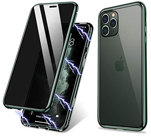 ZHIKE Phone Case Compatible with iPhone 11 Pro Max, Anti-Peep Magnetic Adsorption Case Front and Back Tempered Glass Full Screen Coverage One-piece Design Flip Privacy Cover (Midnight Green)