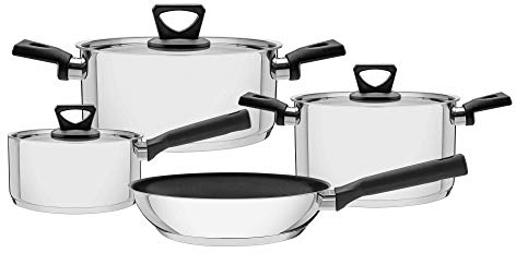 TRAMONTINA - Batería de Cocina Brava Baquelite, de Acero Inoxidable, Antiadherente y Terminación Brillante, Juego de Cocina, con Cuerpo Triple y Tapas, 4 Piezas