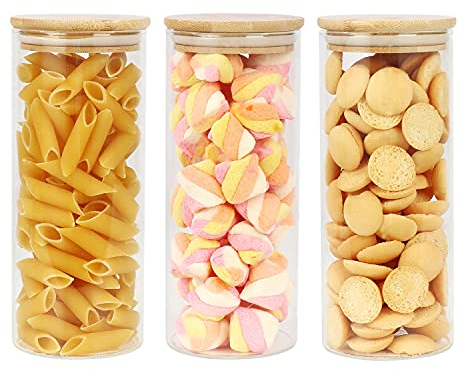 Yishik 1000ml Set of 3 Glass Jars with Bamboo Lids,Airtight Glass Storage Canisters sets,Large Capacity Kitchen Food Containers for Spices,Coffee Beans,Oatmeal