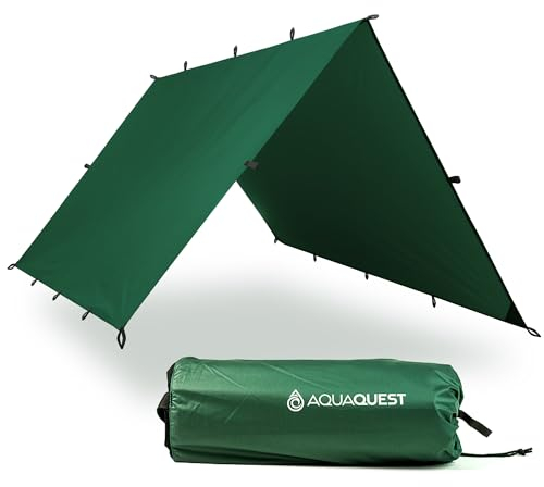 AquaQuest Safari wasserdichte Camping-Plane - Leichter Sonnenschutz oder Regenschutz - Wandern, Rucksackreisen & Hängematte, 4 x 3 m Grün