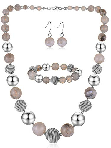BULINLIN Chunky Beaded Silver Necklace Earrings Pearl Handmade Bracelet Set Statement Costume Fashion Jewellery Set Birthday Gifts for Women(Grey)