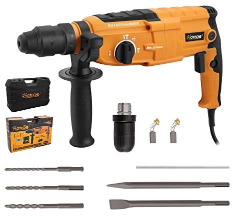 Hoteche 3-in-1 Rotary Hammer Drill 1-Inch SDS Plus Electric Hammer 6.7-Amp/800W Variable Speed Corded Power Hammer Drill Demolition Jack Hammer for Concrete with Extra 1/2 Chuck, Drill Bits & Chisels