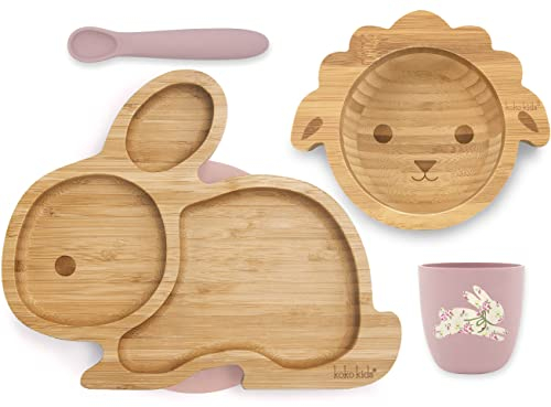 Koko Kids® Bamboo and Silicone Feeding Set ~ Rabbit Suction Plate, Lamb Suction Bowl, Silicone Cup and Spoon (Rosado)