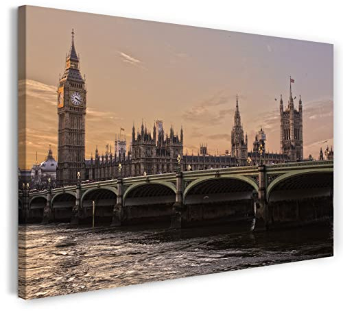 Printistico Leinwandbild (80x60cm) London, Westminster Bridge Brücke England Stadt, warme Farbe, Architektur-Fotos, echter Holz-Keilrahmen inkl. Aufhänger, handgefertigt in Deutschland
