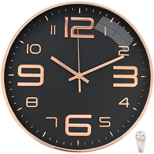 Outpicker Wanduhr Ohne Tickgeräusche 12 Zoll/30cm Modern Quartz Lautlos Wanduhr Schleichende Sekunde Küchenuhren, für Wohnzimmer Kinderzimmer Küche Schlafzimmer Büros (Schwarzes Roségold-3D)