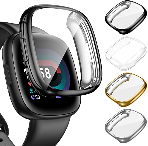 [4Stück] Kamita Schutzhülle für Fitbit Versa 4/Sense 2 Hülle, Weiche TPU Bumper Case mit Schutzfolie, Rundum Schutz Cover Ultradünne Gehäuse für Fitbit Versa4/Sense2 Zubehör(Klar+Schwarz+Silber+Gold)