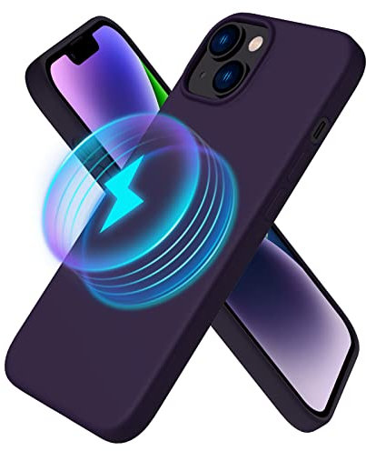 ORNARTO Magnetic Case for iPhone 14 6.1 Compatible with MagSafe, with 1 Pack Tempered Glass Screen Protector, Slim Liquid Silicone 3 Layers Full Covered Soft Gel Rubber Cover-Elderberry