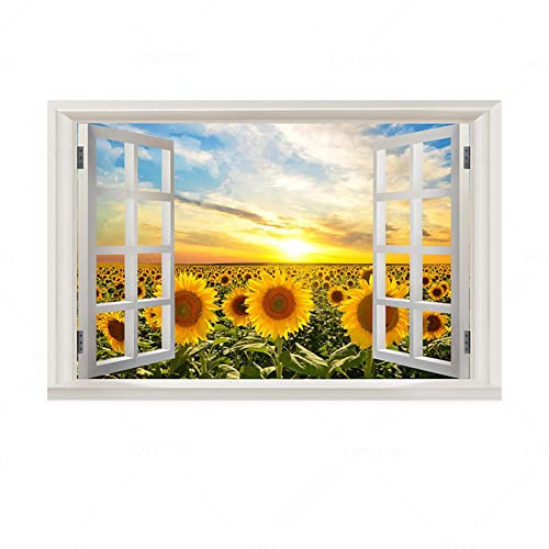 Vista finestra aperta effetto 3D. Poster di girasole Dipinto per finestre false .Finestra finta a tema Paesaggio. Quadro da parete per soggiorno 30 x 45 cm (11,8 x 17,7) con cornice interna