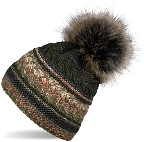 styleBREAKER Damen Strick Bommelmütze mit Buntem Mustermix und Fleece Futter, Winter Fellbommel Mütze, Strickmütze 04024202, Farbe:Oliv-Braun-Weiß