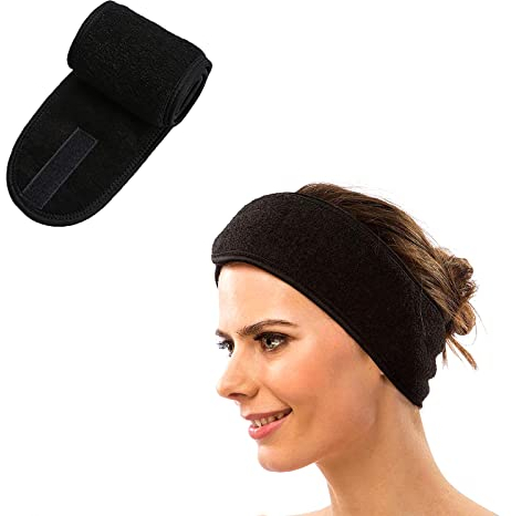 1 pcs Bandeau Maquillage Cheveux Lavable,Microfibre Spa Bandeau Cheveux Femme Maquillage Cheveux lavableavec Magic Tape pour le bain de maquillage, maquillage et sport-le noir