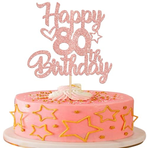 SYKYCTCY 1 Pack Happy 80th Birthday Cake Topper Glitter Heart Star 80 Fabulous Cake Pick Birthday Sign Cake Decorations for 80th Birthday Theme Party Supplies Rosegold