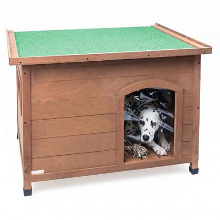 Aqpet Friends Hundehütte aus Holz für den Außenbereich, mit aufklappbarem Dach und Thermovorhängen, 116 x 79 x 85 cm