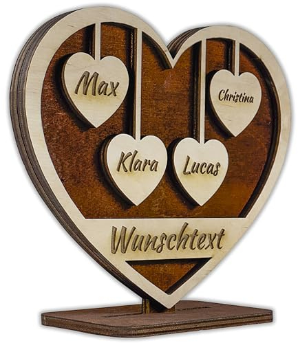 Urhome Holz Herz mit Gravur 4 Namen personalisiert Holzdeko Herzform Schild Geschenk für Großeltern Mama Oma Opa Eltern Mutter Hochzeit Muttertag Wunschtext Individuell mit Ständer