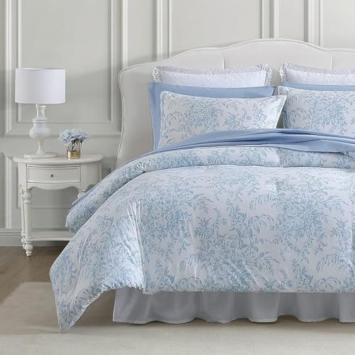 Laura Ashley - Queen Comforter Set, Soft & Reversible Cotton Floral Bedding with a Medium Weight Feel, 3 Piece Bed Set with Matching Pillowcases (Bedford Blue)