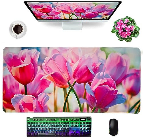 Large Mouse Mat Mouse Pad XL Mousepad Computer Keyboard Desk for Home Office Gaming Work Accessories Pad with Stitched Edges 31.5x11.8inch (Tulips)