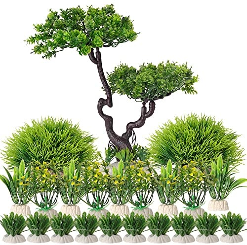 BEGONDIS Set di 25 piante in plastica per acquario, fiori di plastica, piante acquatiche artificiali, serbatoio di pesce, piante per decorazioni per acquario