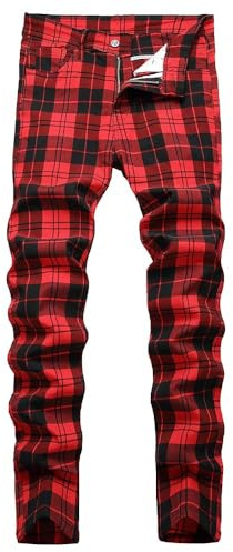 TENGINE Pantalon chino à carreaux pour homme, coupe ajustée, coupe ajustée, robe de golf, affaires, pantalon décontracté, écossais rouge, 52