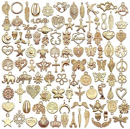 FAIRYGATE Gold Charms for Jewellery Making Vintage Bulk 100pcs Mixed Antique Charm Tibetan Alloy Pendants for Necklace Bracelet Crafting A6720