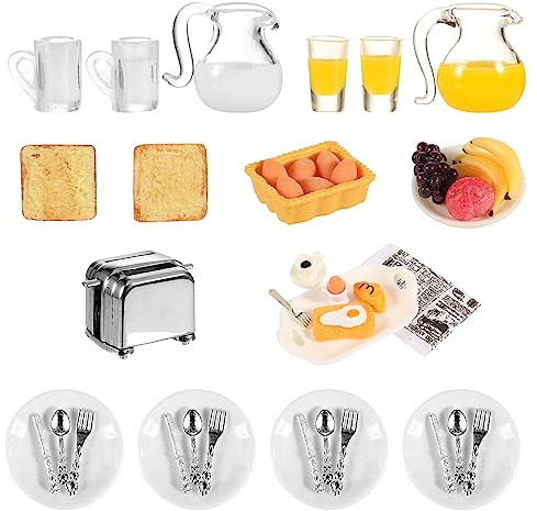 simarro Lot de 46 accessoires de petit déjeuner miniature pour maison de poupée, échelle 1:12, mini machine à toast, pain, lait, œufs, tasses, fruits, assiettes, fourchettes, cuillères, boissons pour