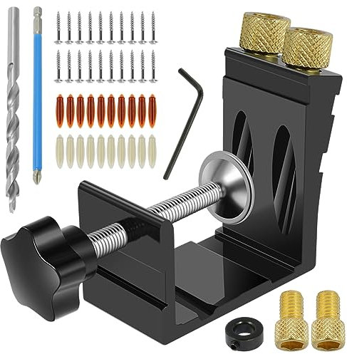 Sutowe 47Pcs Pocket Hole Jig Kit Metal Pocket Screw Jig Drill Guide Sturdy 15° Angled Holes Drilling Positioner Woodworking Punch Locator Tool with 29 Screws 1 Hex Key for Carpentry