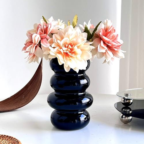 BLOFLO Glas-Hydrokultur-Blumenvase, 17,8 cm Schwarze Glasvase, vierlagige geometrische Glas-Blumenvase für Heimdekoration, Moderne Blasen-Glasvase für Heimbüro, Hochzeitstisch (Schwarz)