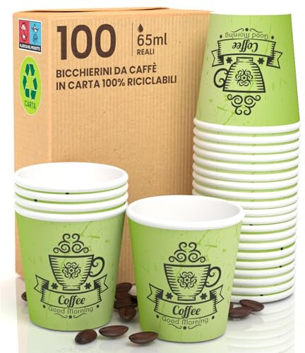 100 Bicchierini in Carta da caffè CuzcoGreenCUP Bicchieri Ecologici Biodegradabili Monouso PICCOLI Asporto Bevande Calde 65ml