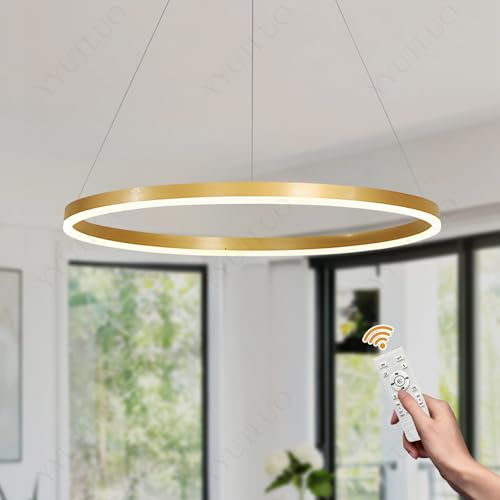 YYUTLUO Moderner DIY-Kreis-LED-Kronleuchter | 1 Golden Goldringe:60cm=29W | LED-Pendelleuchte aus Metall+Acryl |2,4 G Dimmbare Fernbedienung | Runde Decken-Hängelampe Wohnzimmer Schlafzimmer Esszimmer