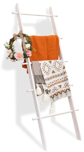 YPshuye 5-Tier Blanket Ladder, Wooden Quilt Stand Farmhouse Decorative Ladder Shelf, Quick Installation, White