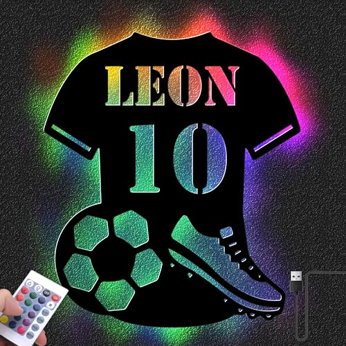 Personalisierte Trikot Lampe mit Namen & Spielernummer | LED Nachtlicht für Kinder und Fußballfans | Warmweiß Batterie oder RGB USB Licht inkl. Fernbedienung