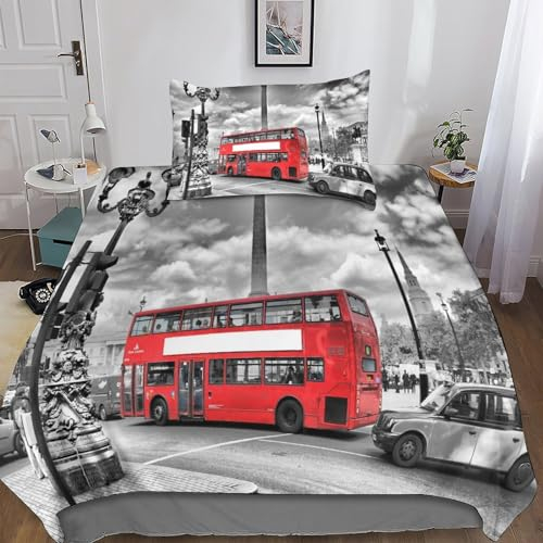 NACHOMACHO London Bus Bettbezug-Set3D-Druck- Bettwäsche-Set Mikrofaser Pflegeleicht Mit Kissenbezügen, Mit Reißverschluss, 3-teilig Für Jugendliche Und Erwachsene Single（135x200cm）