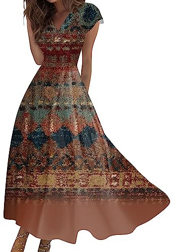 LSAltd Kleider Damen Sommer Outfits Damen Strandkleid Damen Leichte Freizeitkleid Mit Taschen Cocktailkleid Kleid Festlich Damen Wickelkleid Damen Kleid Lang Damen Kleider Sommer（4-Brown,XXL）