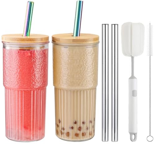 CJWLKJ 2 Pcs Glass Cups Set, 22 Oz Reusable Boba Bubble Tea Cups with Bamboo Lids and Straws, Wide Mouth Mason Jar Drinking Glasses Iced Coffee Cup Glass Tumbler Bottle for Smoothie, Juice, Gift